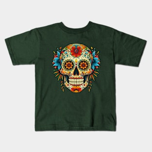 Floral Sugar Skull, Calavera on Green Background Kids T-Shirt